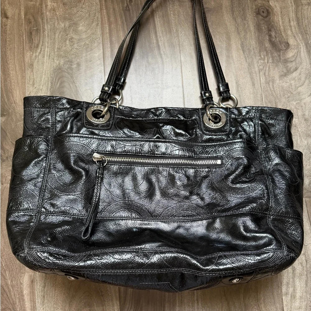 Coach Black Leather Signature-Pattern Tote with Silver Hardware diaper bags